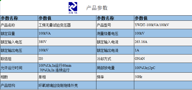 YWDT-100kVA/100kV工频无晕试验变压器 参数图 1